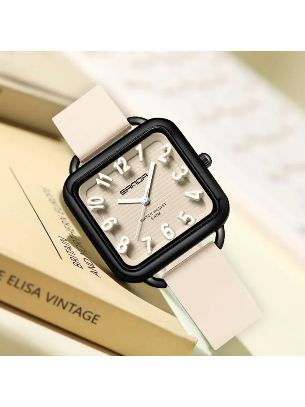 Women’s Apricot  Big Arabic Numbers Silicone Strap Analog Square Wrist Watch